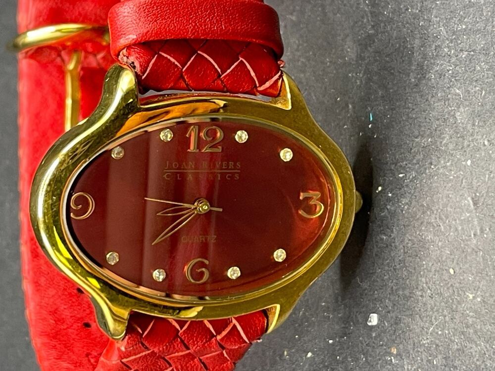 Vtg Joan Rivers Watch Women Gold Tone Oval Red Dial Woven Genuine Leather Band